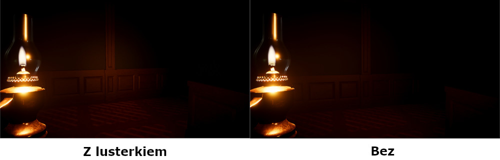 Zrzut ekranu ukazujący różnice pomiędzy lampą naftową z lusterkiem i bez
