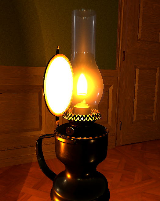 Zrzut ekranu ukazujący różnice pomiędzy lampą naftową z lusterkiem i bez