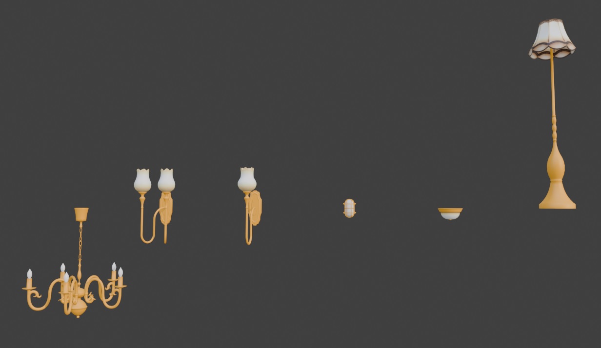 Zrzut ekranu ukazujący modele lamp w blenderze
